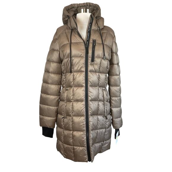 Michael Kors Women's Puffer Coat Size Medium Brown Quilted Mid Length Jacket - Picture 1 of 13